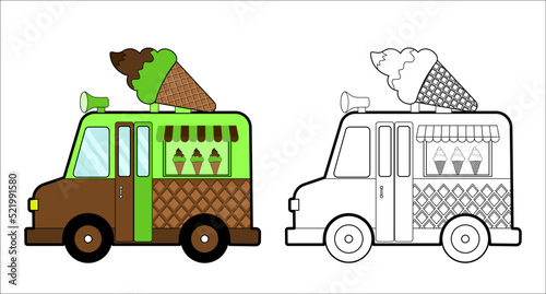 Coloring book. Cartoon fast-food car with a big ice cream for kids activity colouring pages. Vector illustration