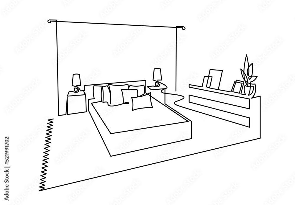 Modern bedroom furniture interior continuous one line drawing. Room ...