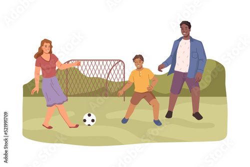 Father and mother playing football with son, happy family outside. Soccer game with parents, kid boy and daddy with ball. Flat cartoon, vector in flat style