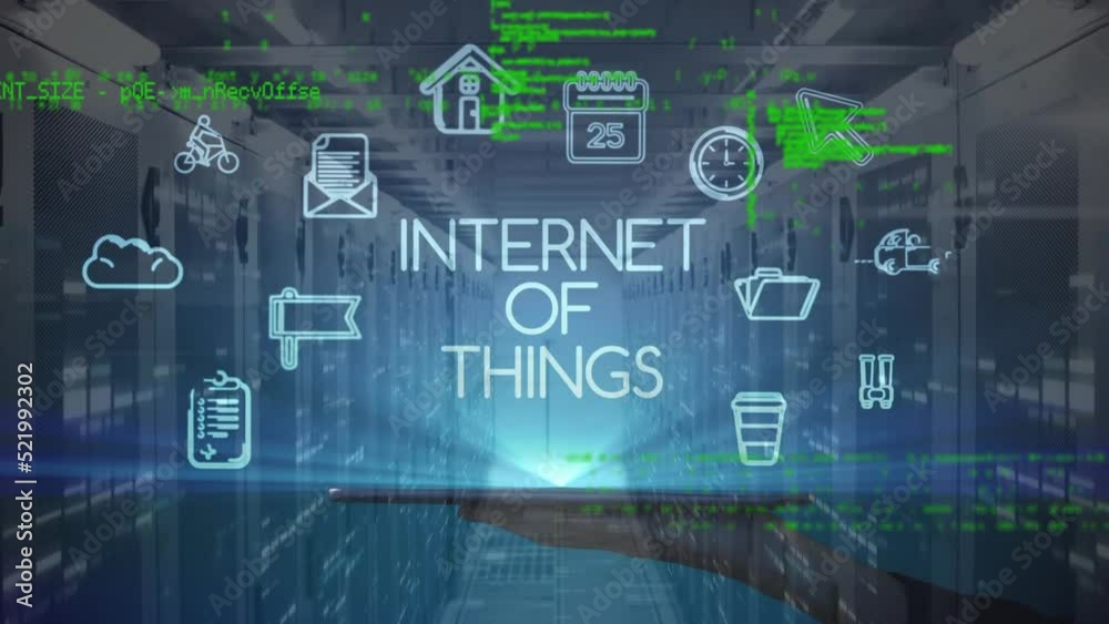Animation of data processing, icons, internet of things and hand of woman with laptop over servers
