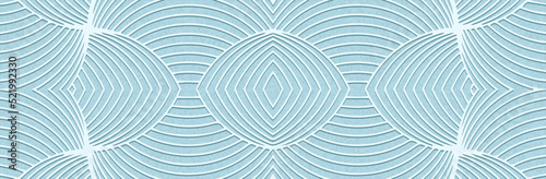 Banner, cover design. Embossed ethnic elegant 3D pattern of stripes and lines on a light blue background, art deco style. Tribal geometric ideas for websites, presentations. 
