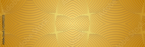 Banner, cover design. Embossed ethnic shiny 3d pattern of stripes and lines on a gold background, art deco style. Tribal geometric ideas for websites, presentations.