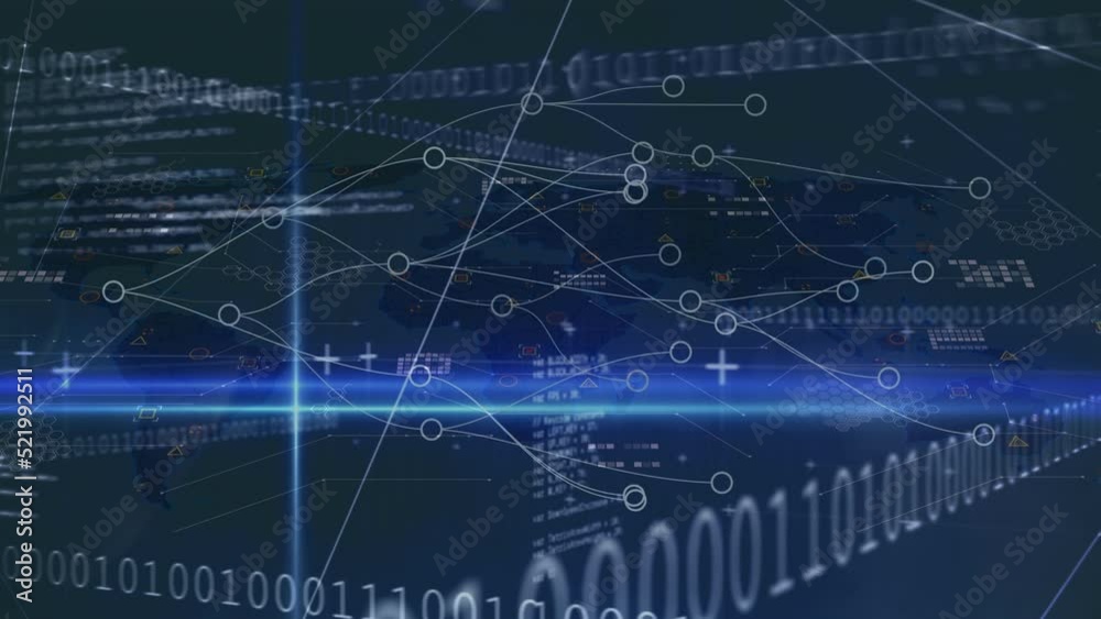 Animation of data processing, lights, connections and binary code in navy digital space Animation of data processing, lights, connections and binary code in navy digital space