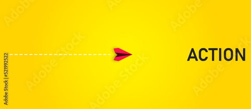 Red paper airplane flying towards the action target. Thinking by taking action, business life change concept.
