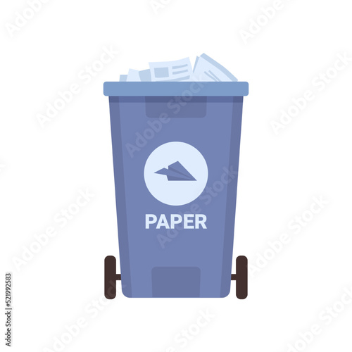 Container for sorting paper and cardboard garbage isolated blue waste bin for recycling wastes. Vector flat cartoon illustration of bucket on wheels for paper segregation