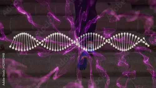 Animation of screen with purple waves and dna over legs of caucasian woman running photo