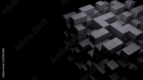 3d black abstract technology cube on empty dark background. Digital block, building, science, structure concept.