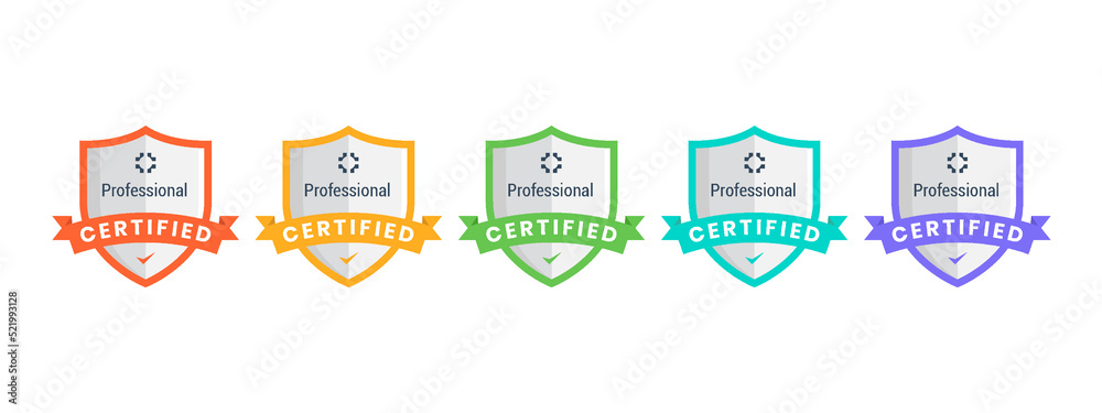 Certification badge design. Shield shape design with ribbon. Vector Illustration.