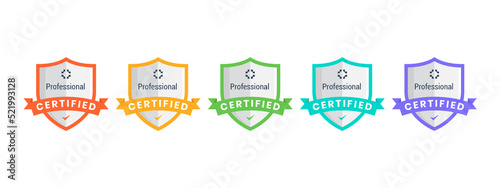 Certification badge design. Shield shape design with ribbon. Vector Illustration.