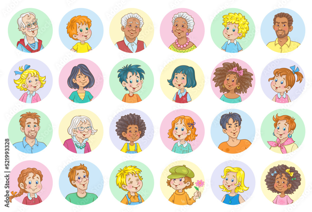 Avatar icons set. Happy people of different ages and nationalities. In cartoon style. Isolated over white background. Vector illustration.