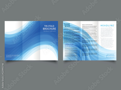 Trifold brochure with blue blurred waves. Vector graphics.