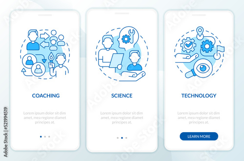 Professional coaching sessions blue onboarding mobile app screen. Walkthrough 3 steps editable graphic instructions with linear concepts. UI, UX, GUI template. Myriad Pro-Bold, Regular fonts used