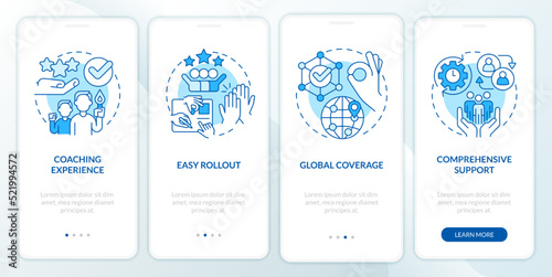 Business coaching platform benefits blue onboarding mobile app screen. Walkthrough 4 steps editable graphic instructions with linear concepts. UI, UX, GUI template. Myriad Pro-Bold, Regular fonts used