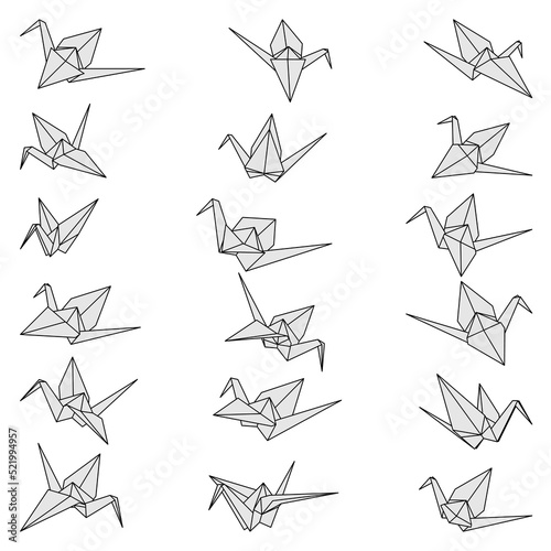 Set of origami crane vector grey illustration icon isolated on white background. Japanese traditional origami crane for infographic, website or app. Geometric line shape for art of folded paper.
