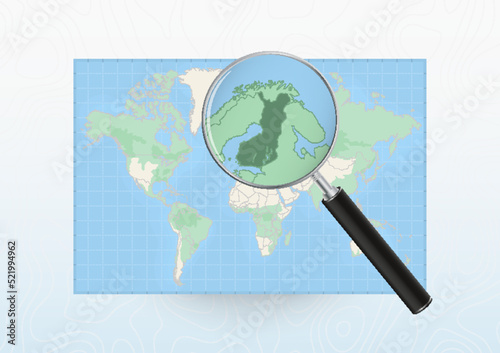 Map of the World with a magnifying glass aimed at Finland, searching Finland with loupe.
