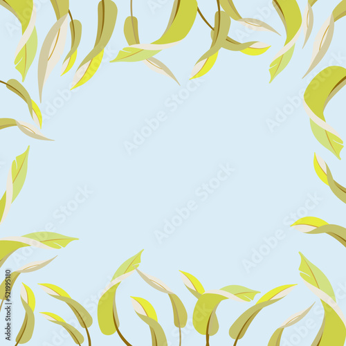 Vector bright square frame with banana leaves on blue background.