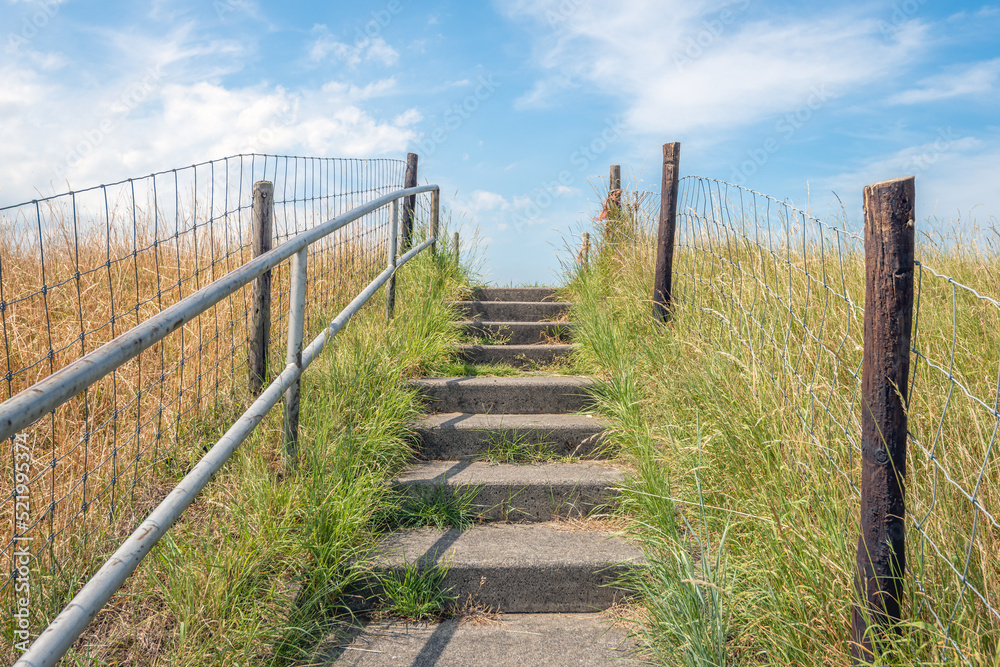 Concrete stairs to the top of a Dutch dike. On either side is a fence of wooden posts and wire mesh. It is a slightly cloudy day in the summer season.