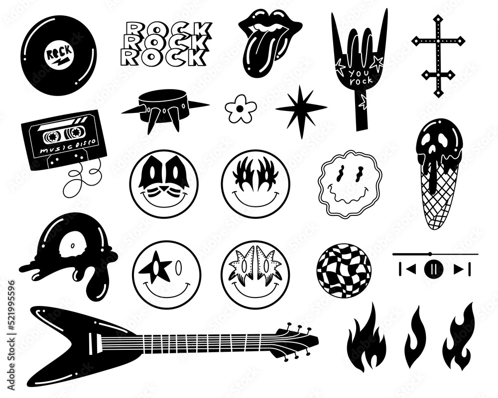 Vecteur Stock Vintage 80-90s rock and roll Set suitable for badges