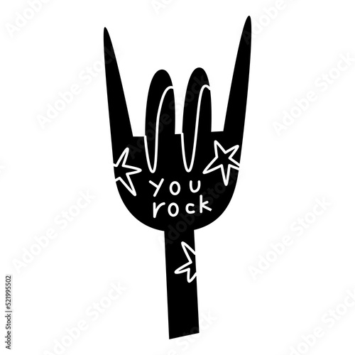 Psychedelic fork with the inscription you rock in the form of a hand gesture.Vintage 80-90s rock and roll. Cartoon rock star icon for music band, concert, party. Punk doodle. Vector illustration.
