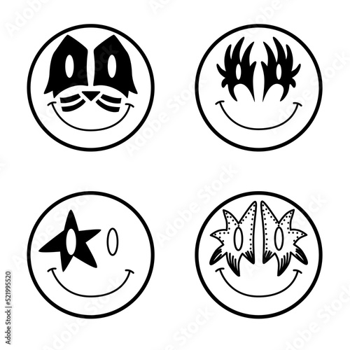 Four smile faces with rock band masks. Vintage 80-90s rock and roll. Cartoon rock star icon for music band, concert, party. Punk doodle. Vector illustration. Isolated element on white background.