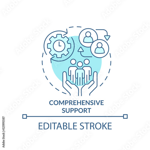 Comprehensive support turquoise concept icon. Business coaching platform promotion abstract idea thin line illustration. Isolated outline drawing. Editable stroke. Arial, Myriad Pro-Bold fonts used