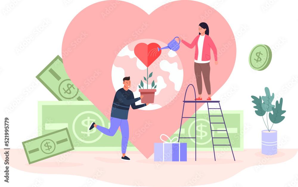 Nonprofit philanthropy. Charity crowdfunding financial money help for healing disease planet, public kindness healthcare fundraiser, volunteer gift contribution vector illustration Nonprofit philanthropy. Charity crowdfunding financial money help for healing disease planet, public kindness healthcare fundraiser, volunteer gift contribution vector illustration