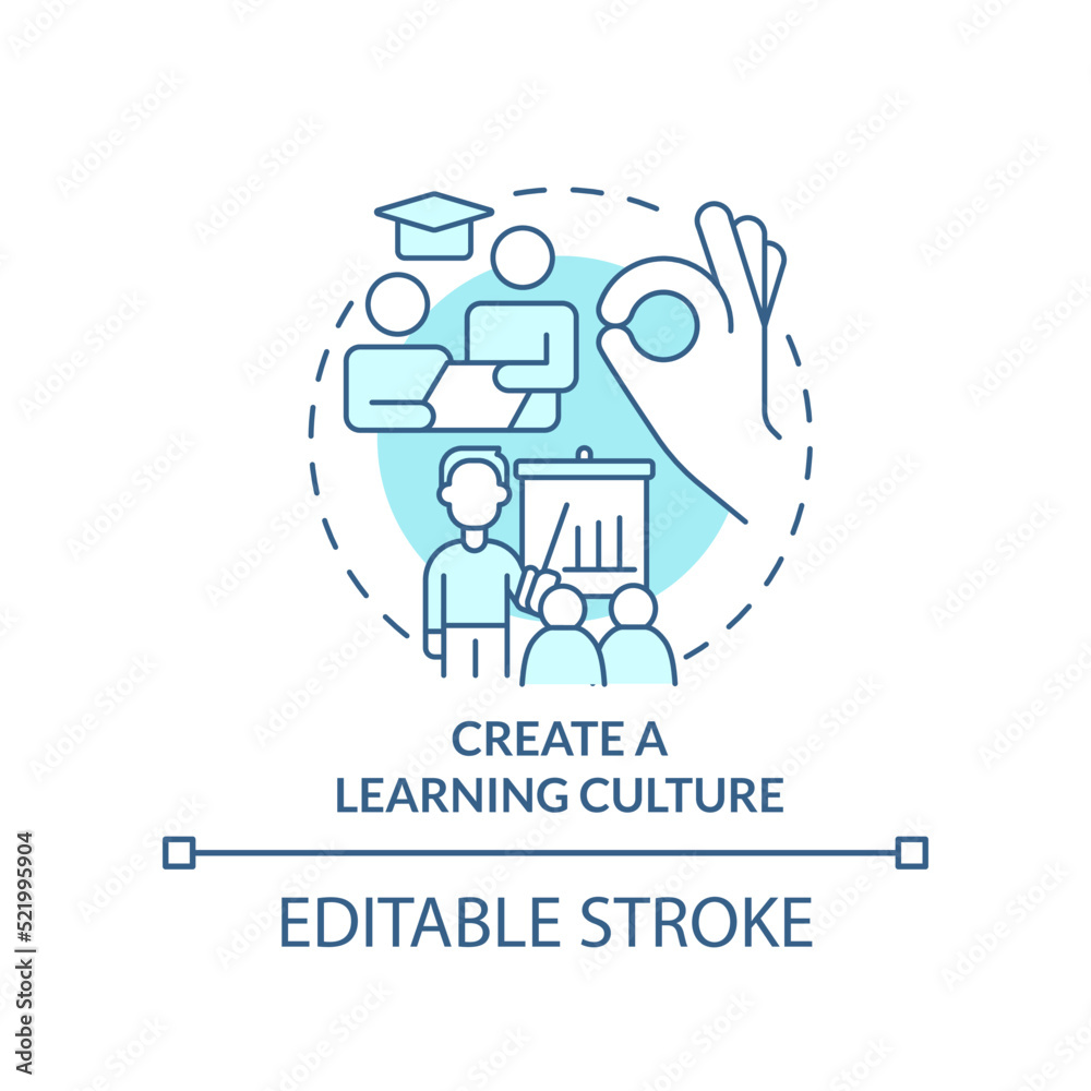 Create learning culture turquoise concept icon. Business coaching certification abstract idea thin line illustration. Isolated outline drawing. Editable stroke. Arial, Myriad Pro-Bold fonts used