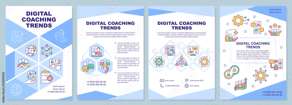 Digital coaching trends blue brochure template. Mentorship. Leaflet design with linear icons. Editable 4 vector layouts for presentation, annual reports. Arial-Black, Myriad Pro-Regular fonts used