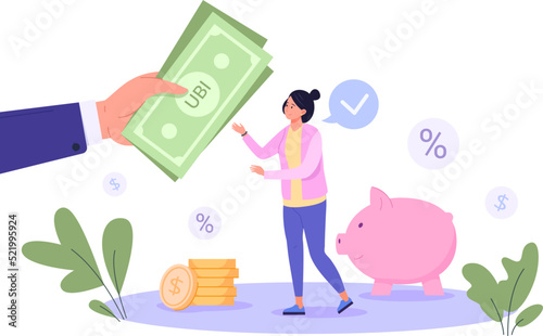 Universal basic income. Business model investment finance, basics tax deduction salary economy bank benefit welfare coin cash money, social help poverty people, vector illustration