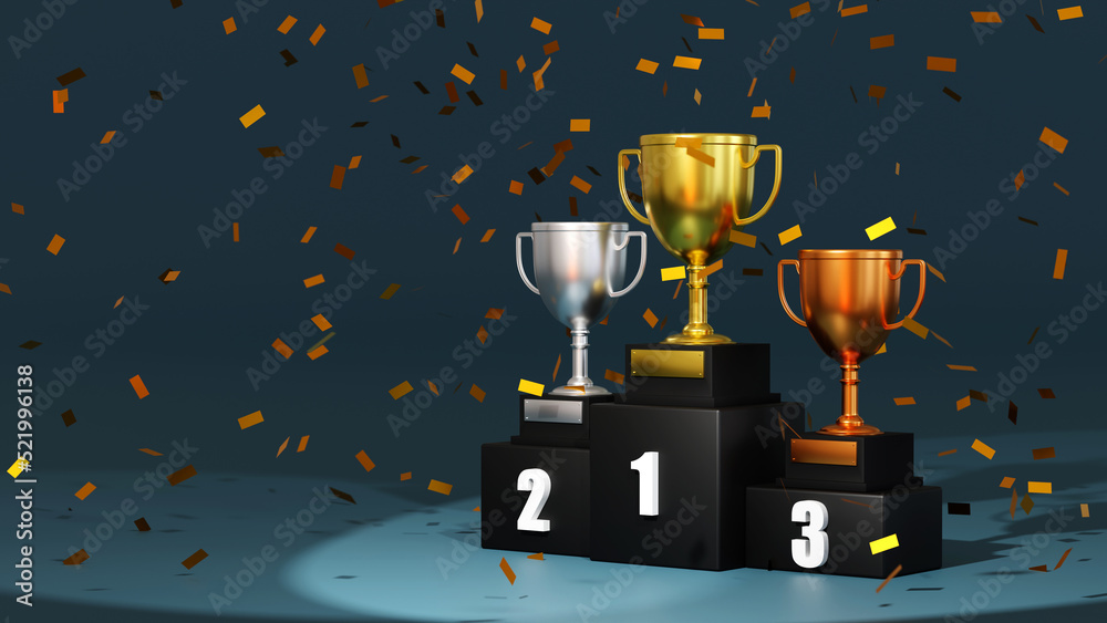 Gold champion trophy on winner 1, 2, 3 podium, stage for the first ...