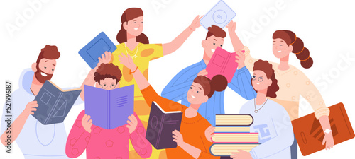 People book exchange. Gift knowledge of readers group, student library books club sales bookcrossing reader girl giving textbook literature festival, splendid vector illustration