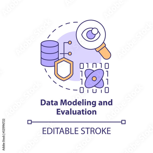 Data modeling and evaluation concept icon. Machine learning engineer skill abstract idea thin line illustration. Isolated outline drawing. Editable stroke. Arial, Myriad Pro-Bold fonts used