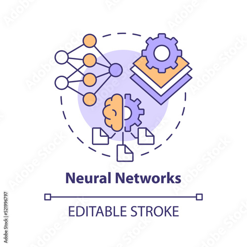 Neural networks concept icon. Artificial neurons. Machine learning engineer skill abstract idea thin line illustration. Isolated outline drawing. Editable stroke. Arial, Myriad Pro-Bold fonts used