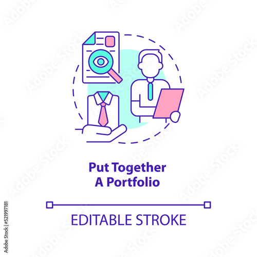 Put together portfolio concept icon. Job searching. Becoming fashion designer abstract idea thin line illustration. Isolated outline drawing. Editable stroke. Arial, Myriad Pro-Bold fonts used