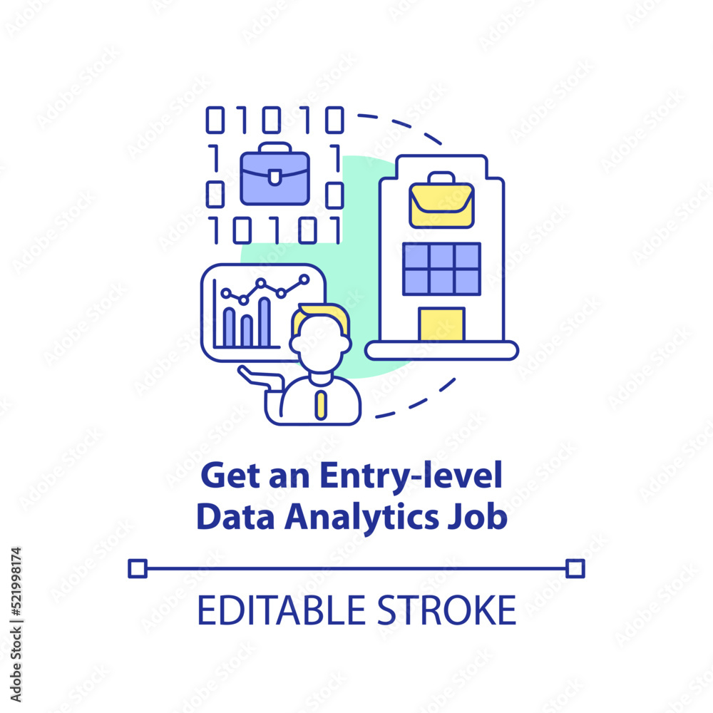 Get entry level data analytics job concept icon. Becoming data scientist abstract idea thin line illustration. Isolated outline drawing. Editable stroke. Arial, Myriad Pro-Bold fonts used Get entry level data analytics job concept icon. Becoming data scientist abstract idea thin line illustration. Isolated outline drawing. Editable stroke. Arial, Myriad Pro-Bold fonts used