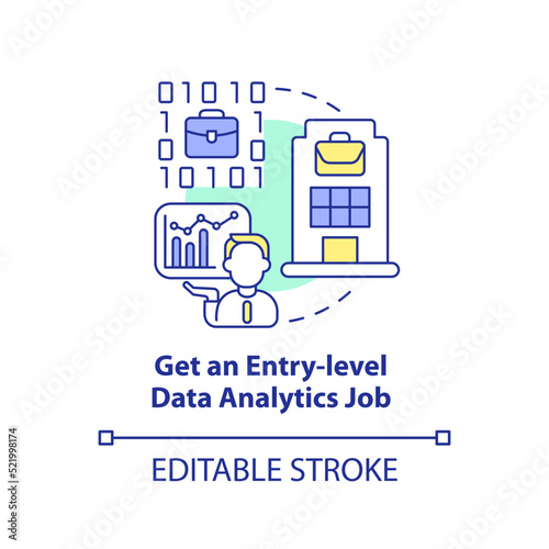 Get entry level data analytics job concept icon. Becoming data scientist abstract idea thin line illustration. Isolated outline drawing. Editable stroke. Arial, Myriad Pro-Bold fonts used