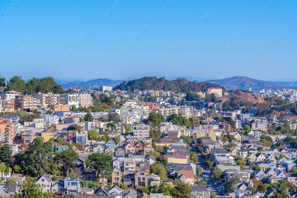 High angle view of the neighborhood near the hills in San Francisco, CA