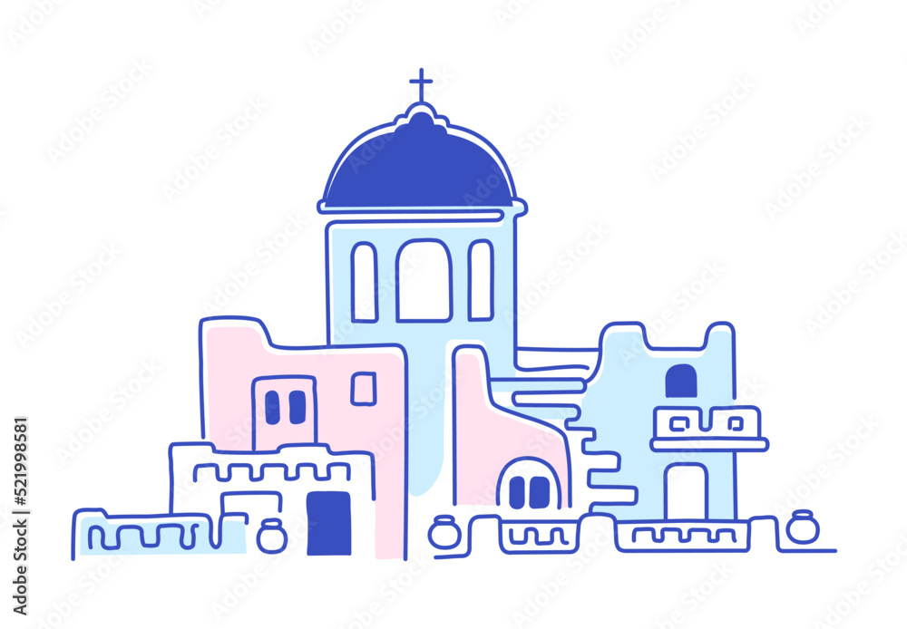 Santorini island, Greece. Beautiful traditional architecture and Greek Orthodox churches. The Aegean sea. Advertising card, flyer. Vector linear illustration in doodle style