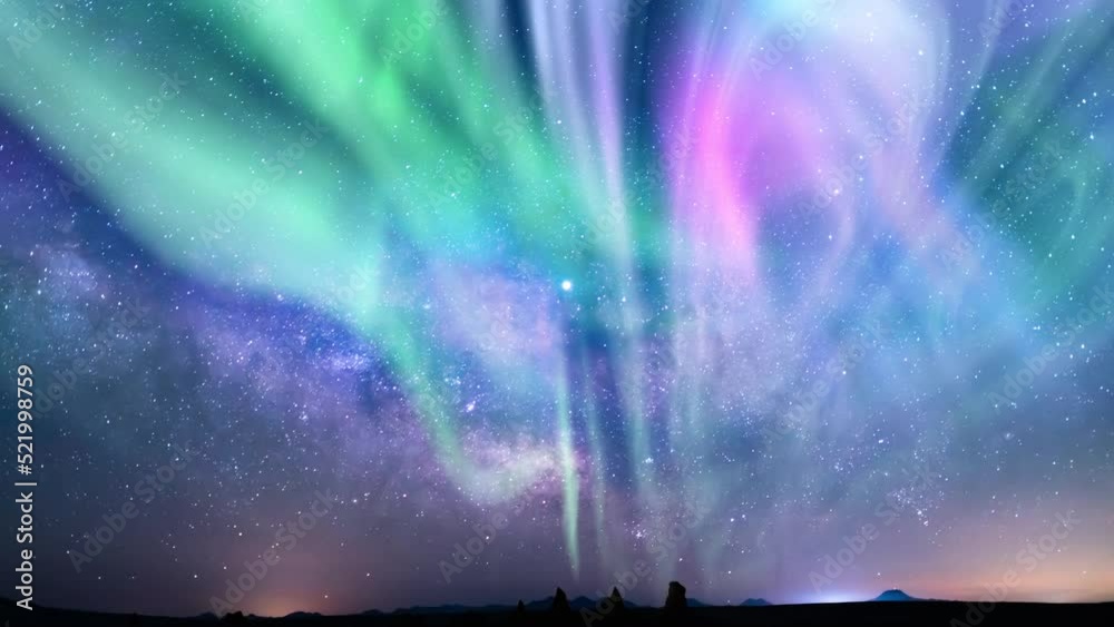 Aurora Green Purple and Milky Way Galaxy Over Iceberg 35mm Tilt Up