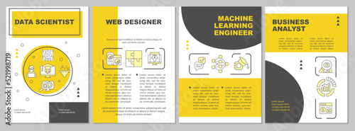 Trendy professions yellow brochure template. Popular jobs. Leaflet design with linear icons. Editable 4 vector layouts for presentation, annual reports. Arial-Black, Myriad Pro-Regular fonts used
