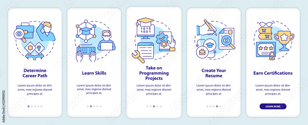 Steps to become software engineer onboarding mobile app screen. Walkthrough 5 steps editable graphic instructions with linear concepts. UI, UX, GUI template. Myriad Pro-Bold, Regular fonts used