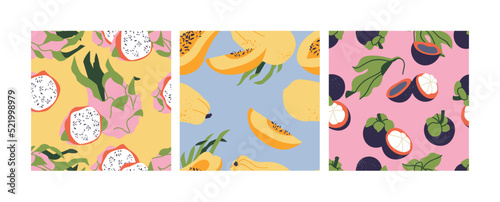 Vector set of seamless patterns with dragon fruit, papaya and mangosteen fruits. Abstract design for paper, cover, fabric.