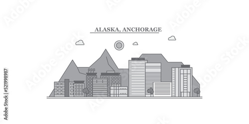 United States, Anchorage city skyline isolated vector illustration, icons