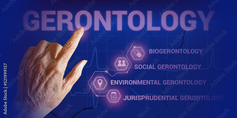 The hand of an elderly woman points to the inscription Gerontology. study of the social, cultural, psychological, cognitive, and biological aspects of aging The hand of an elderly woman points to the inscription Gerontology. study of the social, cultural, psychological, cognitive, and biological aspects of aging