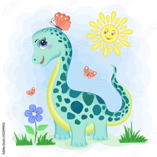 Small  cute  cartoon dinosaur with a butterfly. For children s design of prints  posters  cards  stickers  puzzles  etc. Vector