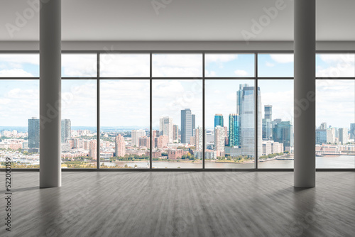 Downtown New Jersey City Skyline Buildings from High Rise Window. Beautiful Expensive Real Estate. Empty room Interior Skyscrapers View Cityscape. Day. 3d rendering.