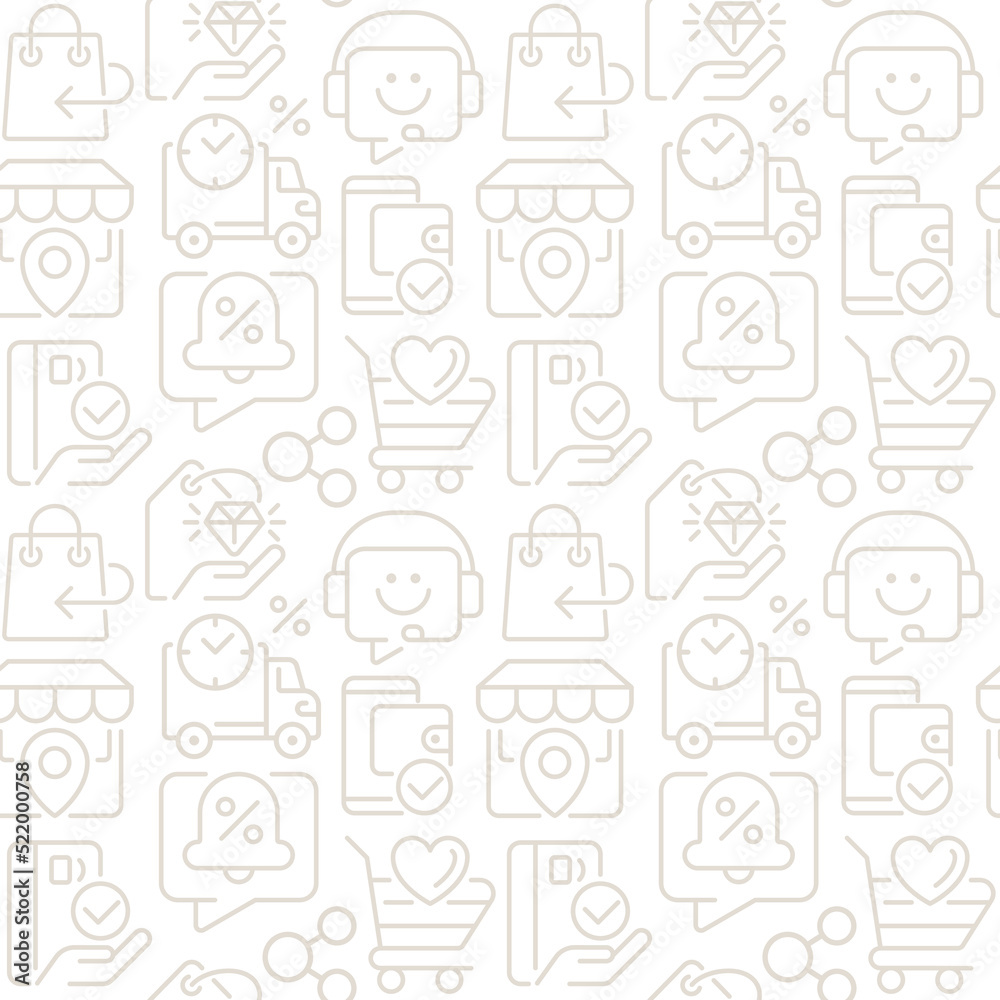 Shopping service abstract seamless pattern. Editable vector shapes on white background. Trendy texture with cartoon color icons. Design with graphic elements for interior, fabric, website decoration