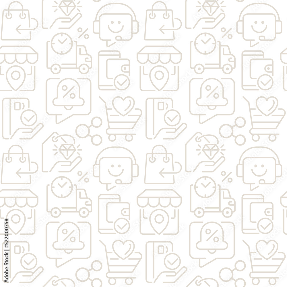 Shopping service abstract seamless pattern. Editable vector shapes on white background. Trendy texture with cartoon color icons. Design with graphic elements for interior, fabric, website decoration Shopping service abstract seamless pattern. Editable vector shapes on white background. Trendy texture with cartoon color icons. Design with graphic elements for interior, fabric, website decoration