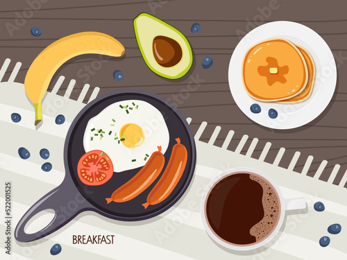Breakfast. One fried egg, sausage and tomato in frying pan, coffee cup, fruits pancakes with blueberries on wooden table. Overhead view. Flat Vector illustration for menu, cafe, restaurant, recipe