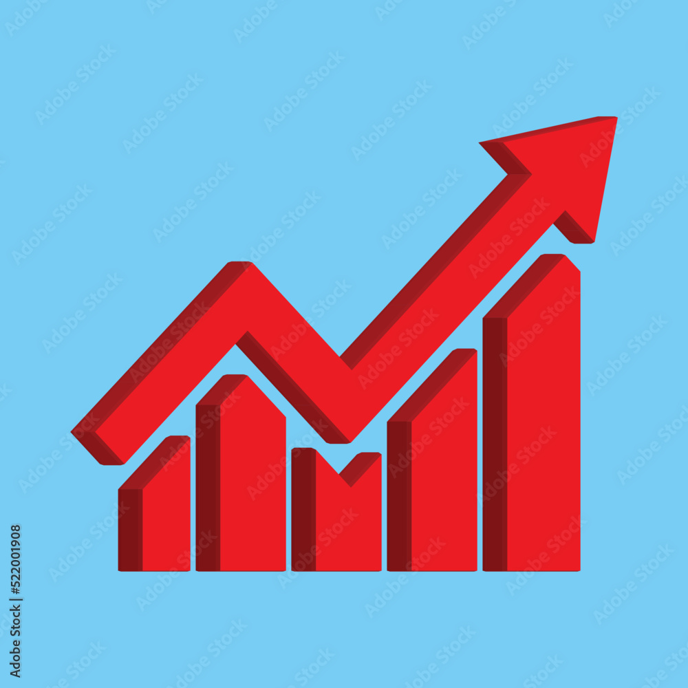 Growing business 3d arrow with bar chart. Profit red arrow, Vector illustration. Business concept, growing chart. Concept of sales symbol icon with arrow moving up. Economic Arrow With Growing Trend. Growing business 3d arrow with bar chart. Profit red arrow, Vector illustration. Business concept, growing chart. Concept of sales symbol icon with arrow moving up. Economic Arrow With Growing Trend.